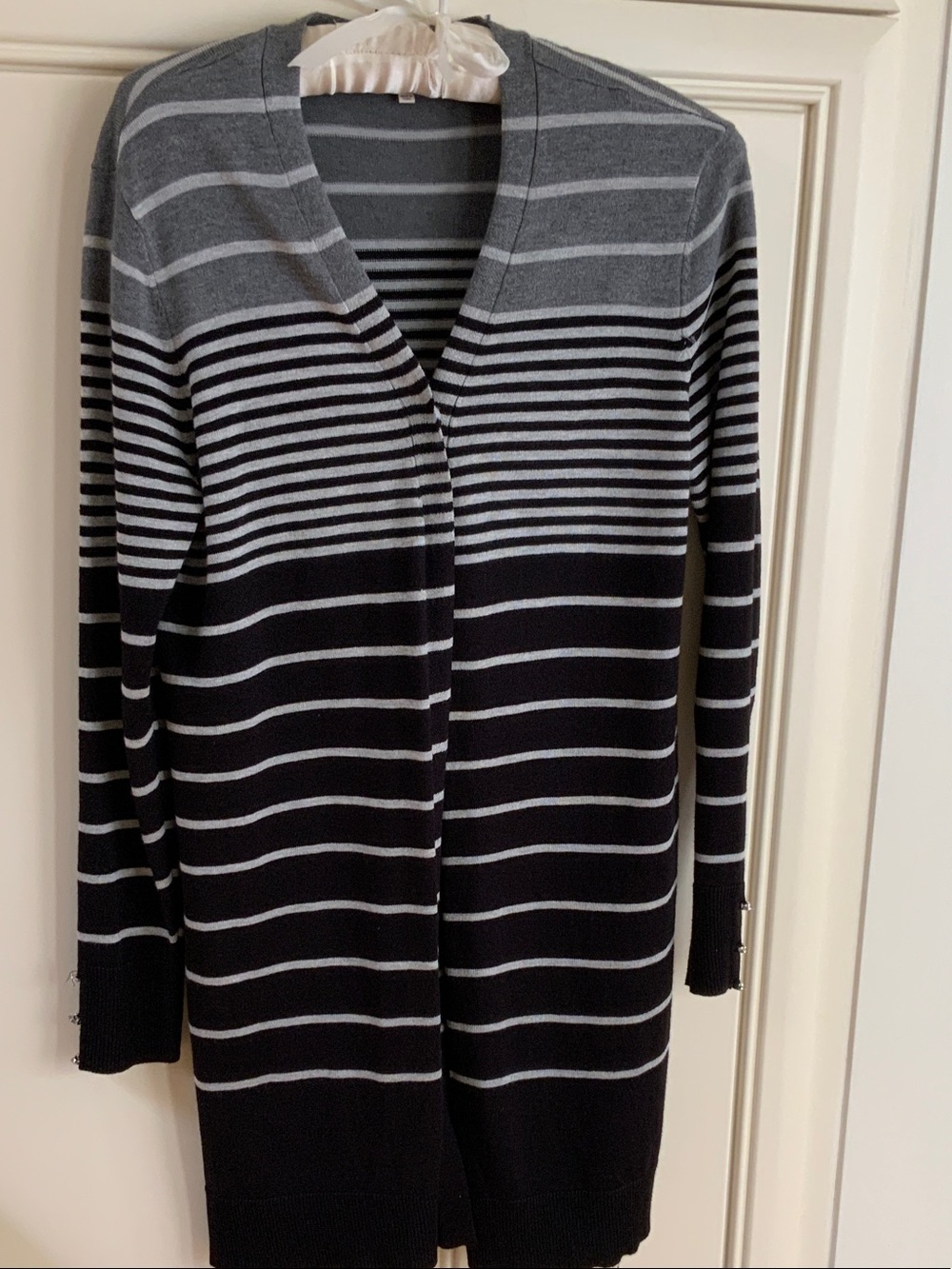 Striped Gray & Black Open-Front Women's Cardigan